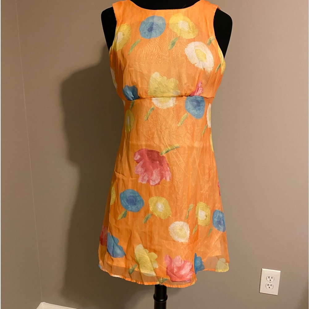 Vintage 80's Byer Too Empire Waist Dress Orange Floral Pattern Chiffon size 7